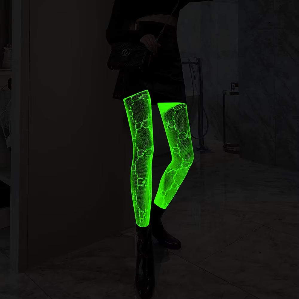 Luminous Blue Sexy Fishnet Stockings One-Pieces Mesh Leggings Tights High Waist Perspective Glow in the Dark Lingerie Socks