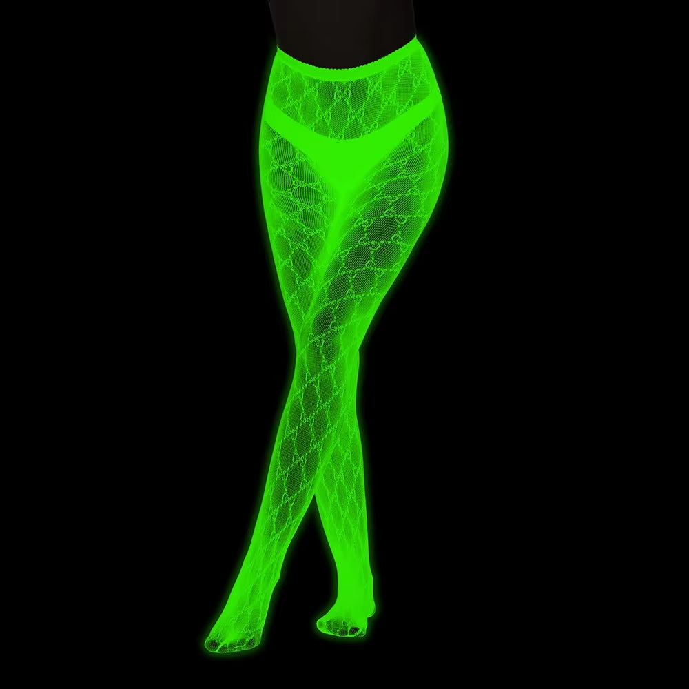 Luminous Blue Sexy Fishnet Stockings One-Pieces Mesh Leggings Tights High Waist Perspective Glow in the Dark Lingerie Socks