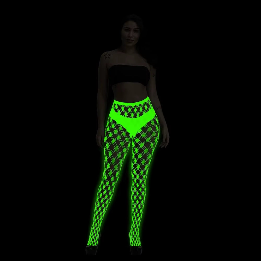 Luminous Blue Sexy Fishnet Stockings One-Pieces Mesh Leggings Tights High Waist Perspective Glow in the Dark Lingerie Socks